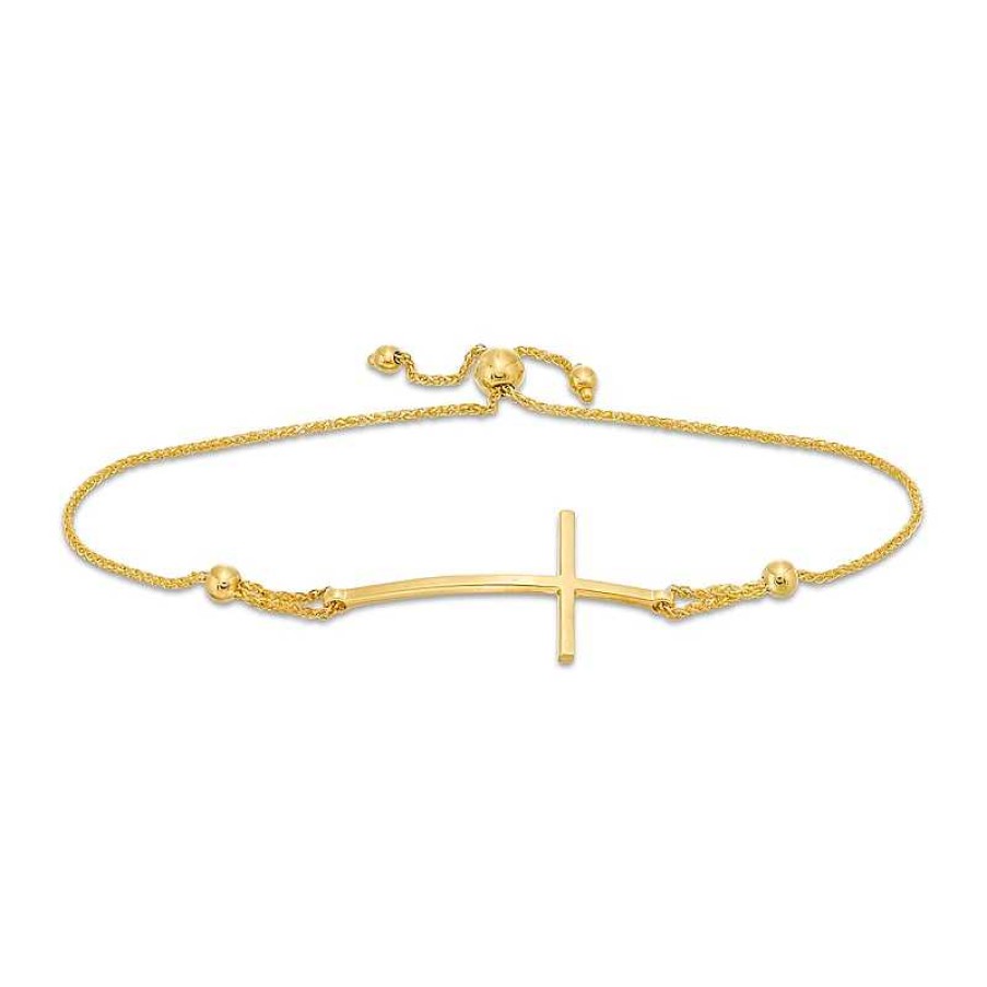 Bracelets Zales | Curved Sideways Cross Bolo Bracelet In 10K Gold - 9.25"