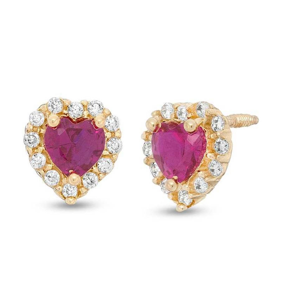 Earrings Zales | Child'S 4.0Mm Heart-Shaped Lab-Created Ruby And Cubic Zirconia Frame Heart Stud Earrings In 14K Gold