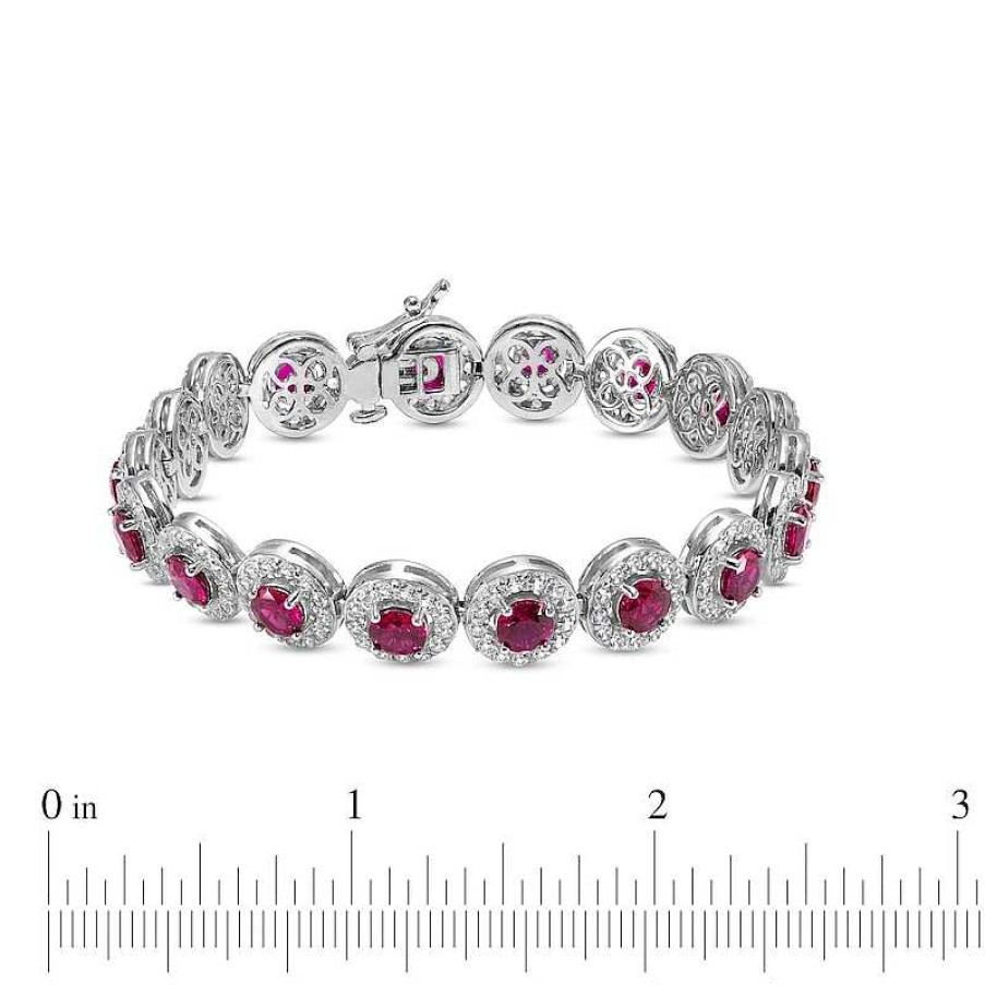 Bracelets Zales | 5.0Mm Lab-Created Ruby And White Lab-Created Sapphire Frame Tennis Bracelet In Sterling Silver – 7.25"