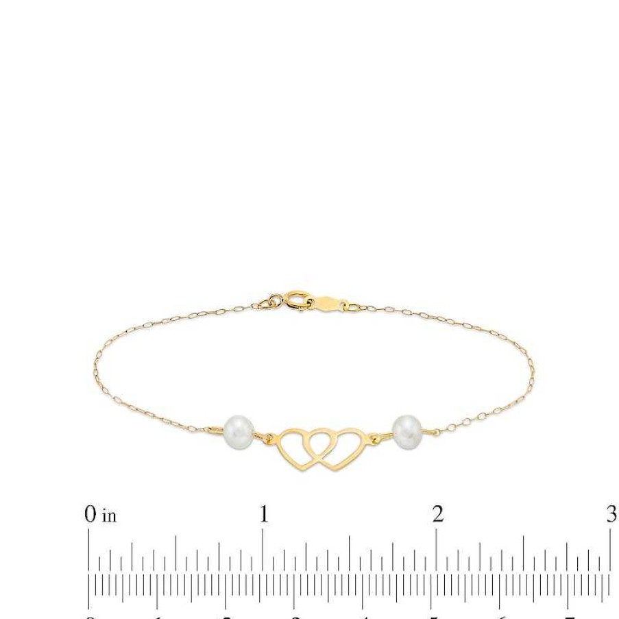 Bracelets Zales | Child'S 4.5-5.0Mm Cultured Freshwater Pearl Double Heart Bracelet In 14K Gold – 6"