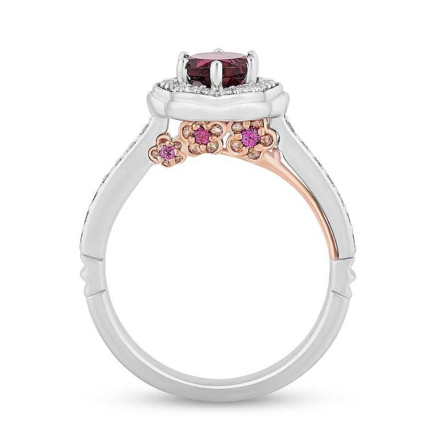 Rings Zales | Enchanted Disney Mulan 6.0Mm Rhodolite Garnet And 1/3 Ct. T.W. Diamond Flower Frame Engagement Ring In 14K White Gold