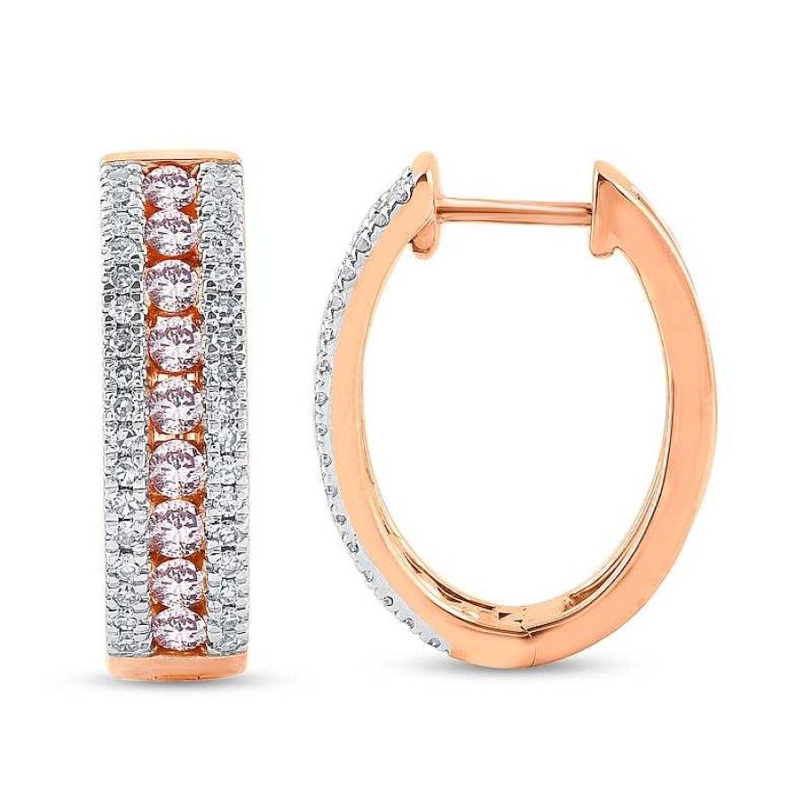 Earrings Zales | 1 Ct. T.W. Pink And White Diamond Edge Oval Hoop Earrings In 10K Rose Gold