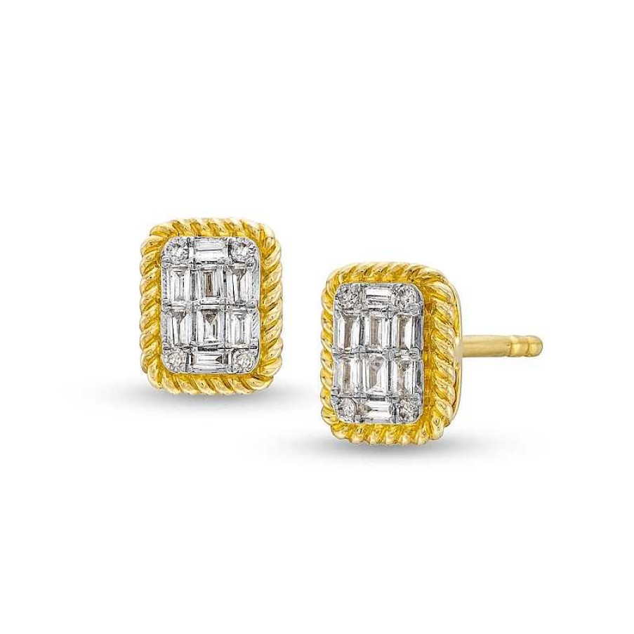 Earrings Zales | 1/5 Ct. T.W. Emerald-Shaped Multi-Diamond Rope-Textured Frame Stud Earrings In 10K Gold