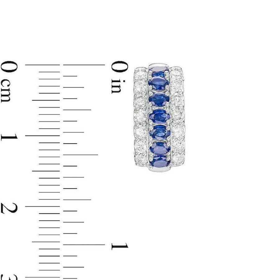 Earrings Zales | Oval Blue Sapphire And 3/4 Ct. T.W. Diamond Triple Row Hoop Earrings In 10K White Gold