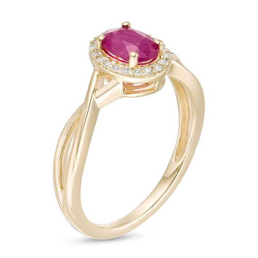 Rings Zales | Oval Ruby And 1/15 Ct. T.W. Diamond Frame Twist Shank Ring In 10K Gold