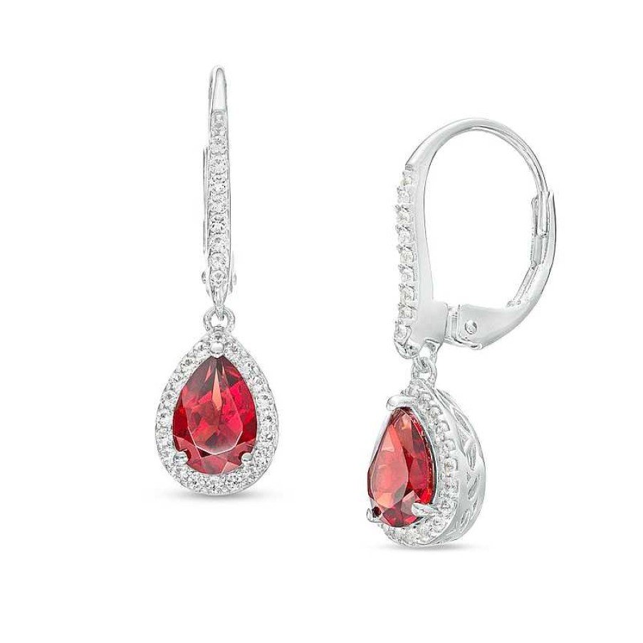 Earrings Zales | Pear-Shaped Garnet And White Lab-Created Sapphire Frame Drop Earrings In Sterling Silver