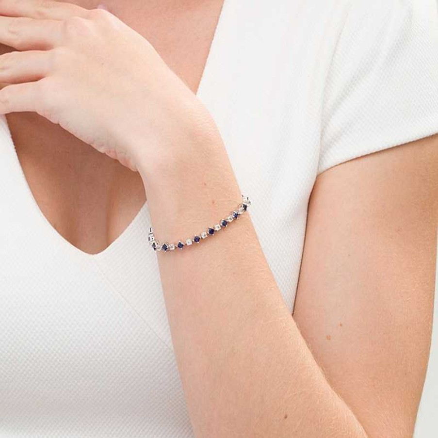 Bracelets Zales | Alternating Princess-Cut Lab-Created Blue And White Sapphire Line Bracelet In Sterling Silver - 7.25"