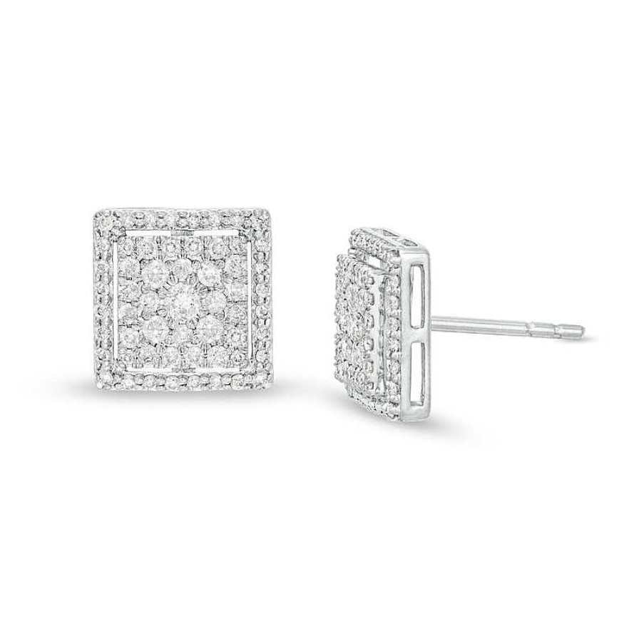 Earrings Zales | 1/2 Ct. T.W. Princess-Shaped Multi-Diamond Frame Stud Earrings In 10K White Gold