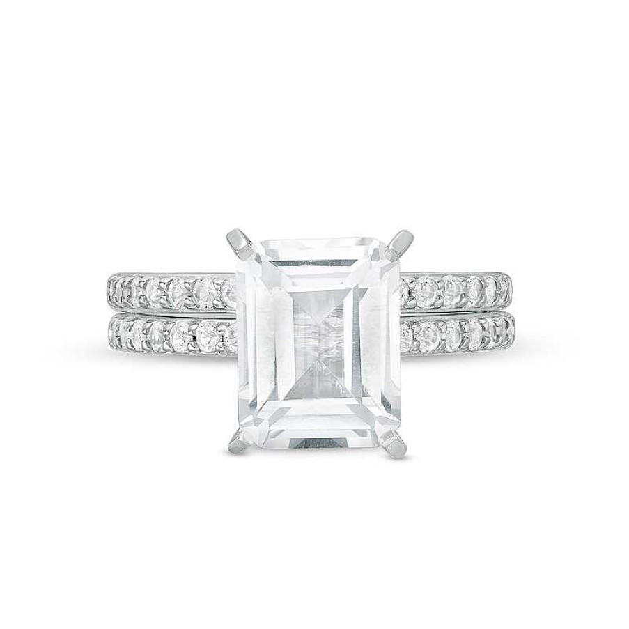 Rings Zales | Emerald-Cut And Round White Lab-Created Sapphire Bridal Set In Sterling Silver