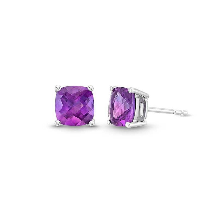 Earrings Zales | 7.0Mm Faceted Cushion-Cut Amethyst Stud Earrings In Sterling Silver