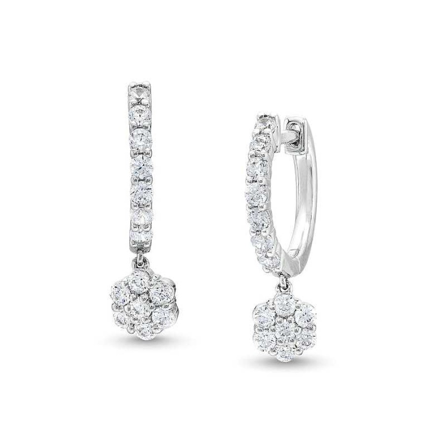 Earrings Zales | 1 Ct. T.W. Diamond Flower Dangle Hoop Earrings In 10K White Gold