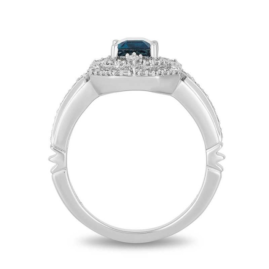 Rings Zales | Enchanted Disney Cinderella Octagonal London Blue Topaz And 1/6 Ct. T.W. Diamond Ring In Sterling Silver