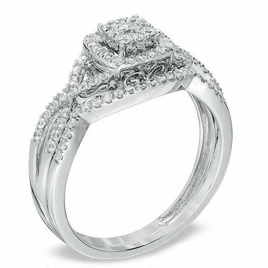 Rings Zales | 1/2 Ct. T.W. Multi-Diamond Twist Shank Bridal Set In 10K White Gold