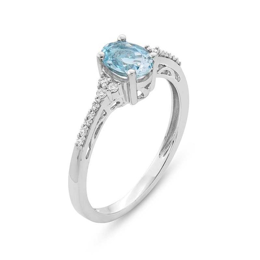 Rings Zales | Oval Aquamarine And 1/10 Ct. T.W. Diamond Ring In 10K White Gold