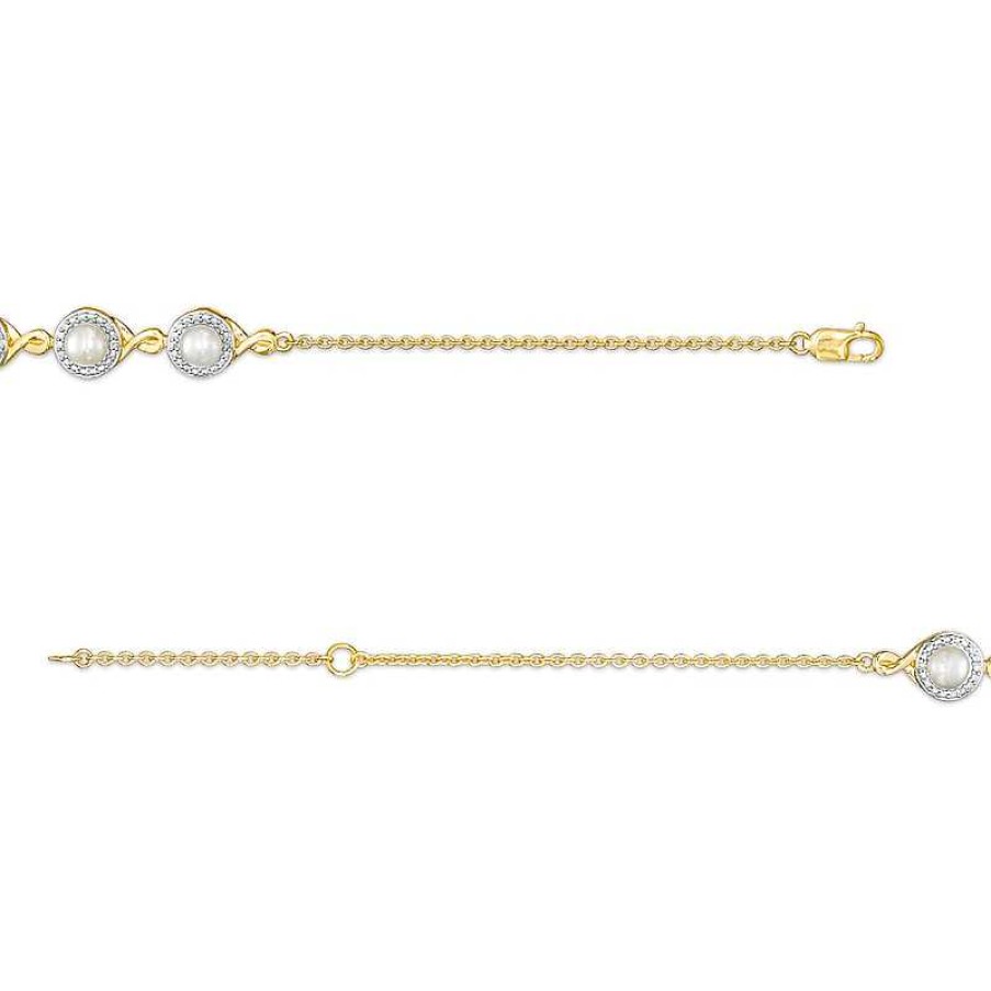 Bracelets Zales | 4.0Mm Cultured Akoya Pearl And Diamond Accent Five Stone Bracelet In 10K Gold – 8.0"