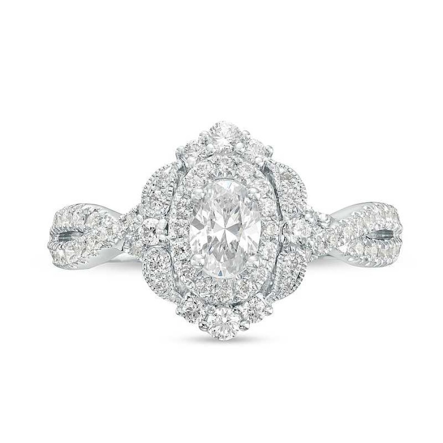 Rings Zales | 1 Ct. T.W. Oval Diamond Double Frame Twist Shank Paisley Engagement Ring In 14K White Gold (I/I2)