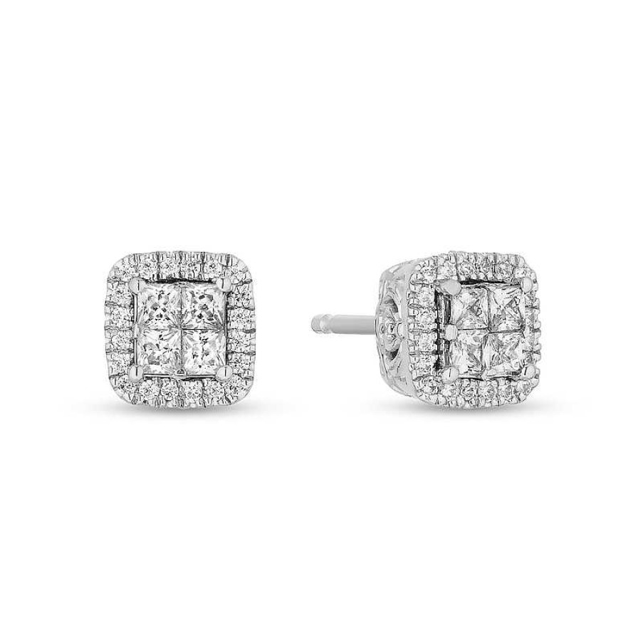 Earrings Zales | Enchanted Disney Cinderella 1/2 Ct. T.W. Quad Princess-Cut Diamond Frame Stud Earrings In Sterling Silver