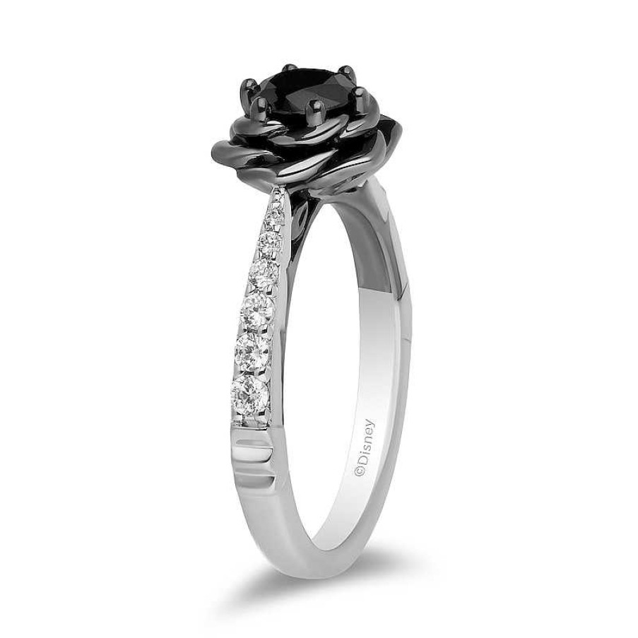 Rings Zales | Enchanted Disney Villains Maleficent 1 Ct. T.W. Black And White Diamond Rose Engagement Ring In 14K White Gold