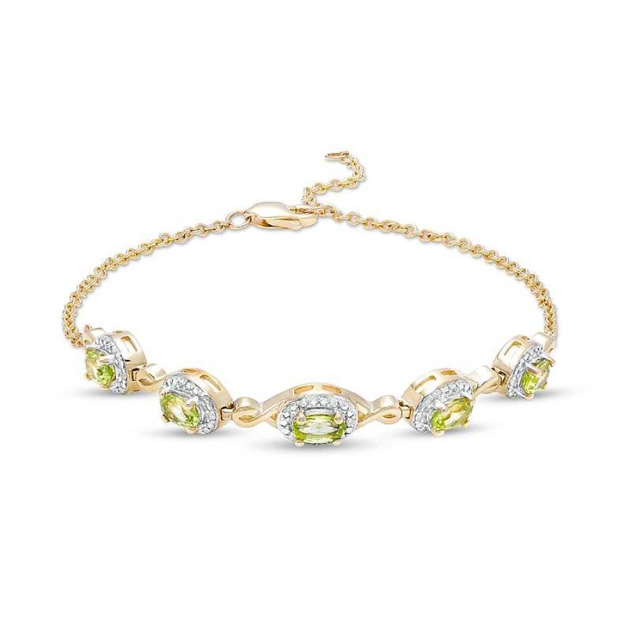 Bracelets Zales | Oval Peridot And Diamond Accent Twist Five Stone Bracelet In 10K Gold – 8.0"