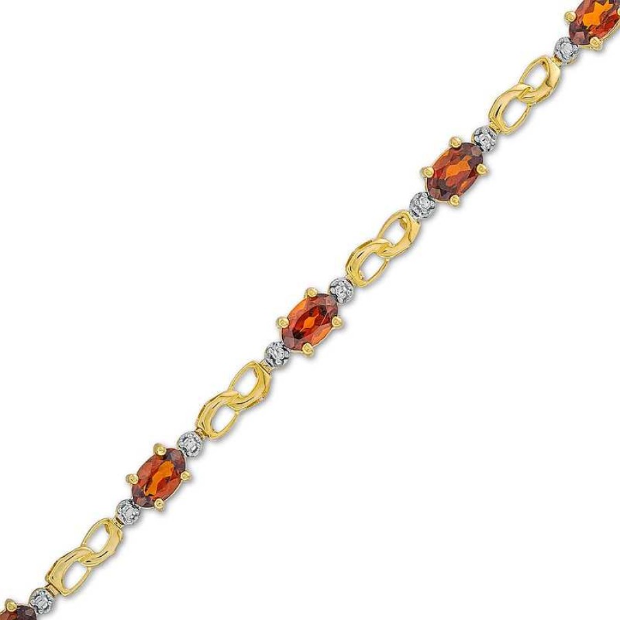 Bracelets Zales | Oval Lab-Created Ruby, Diamond Accent And Rice Bead Alternating Bracelet In 10K Gold - 7.25"