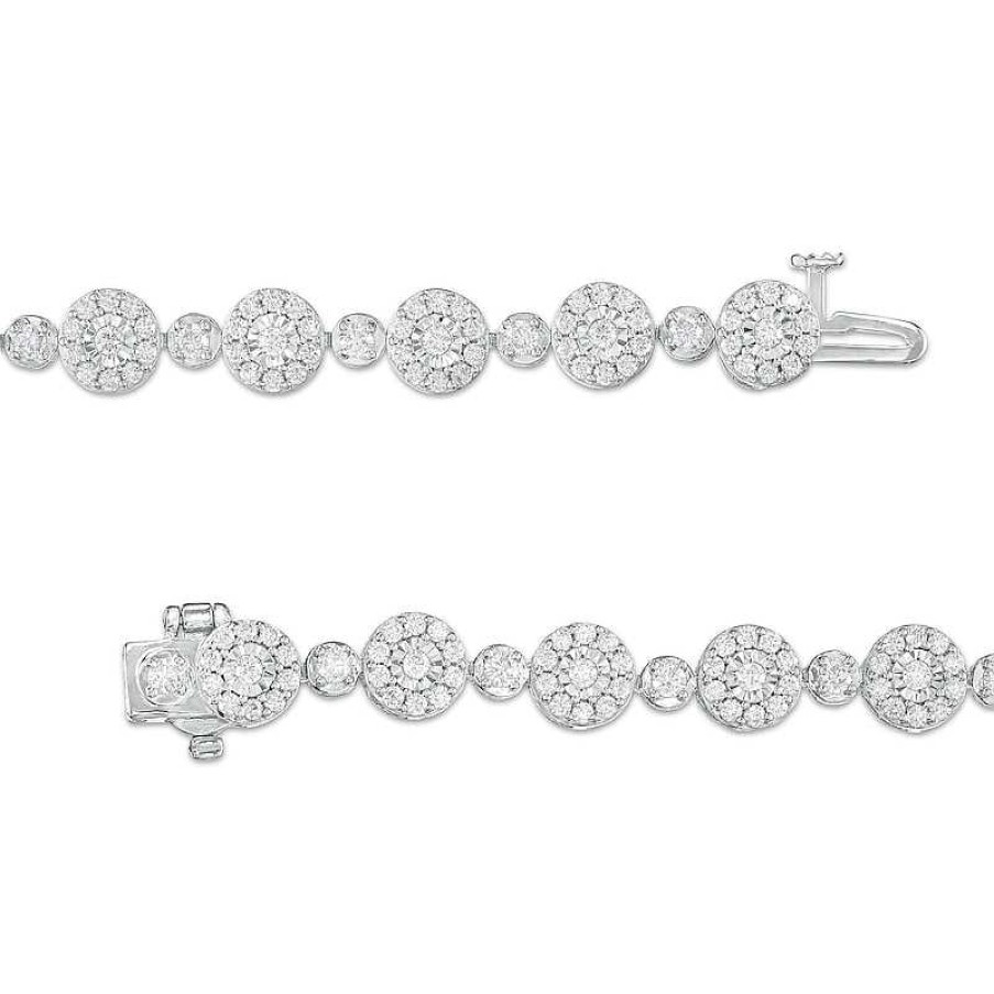 Bracelets Zales | 3 Ct. T.W. Multi-Diamond Alternating Large And Small Line Bracelet In 10K White Gold – 7.5"