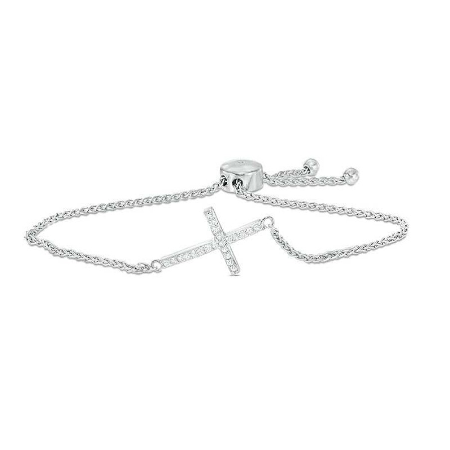 Bracelets Zales | Lab-Created White Sapphire Sideways Cross Bolo Bracelet In Sterling Silver - 9.0"