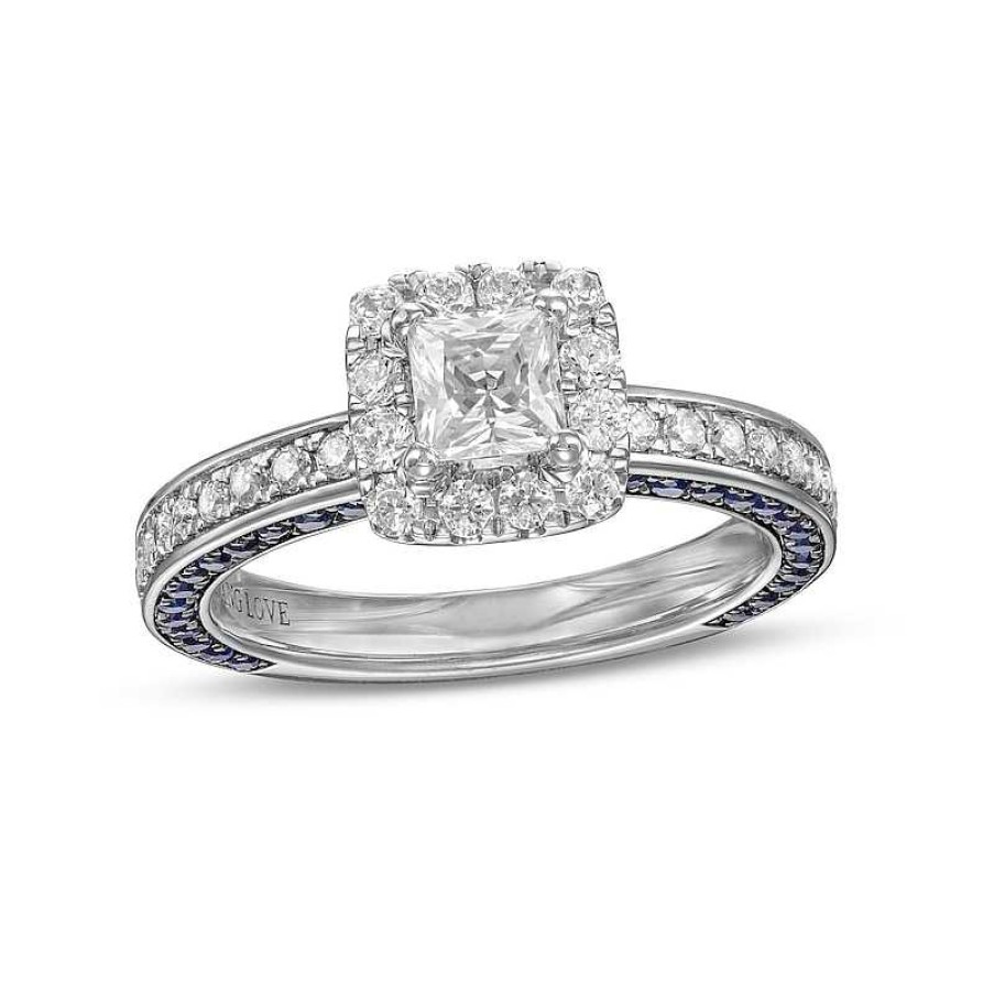 Rings Zales | Vera Wang Love Collection Sapphire And 1 Ct. T.W. Princess-Cut Diamond Frame Engagement Ring In 14K White Gold