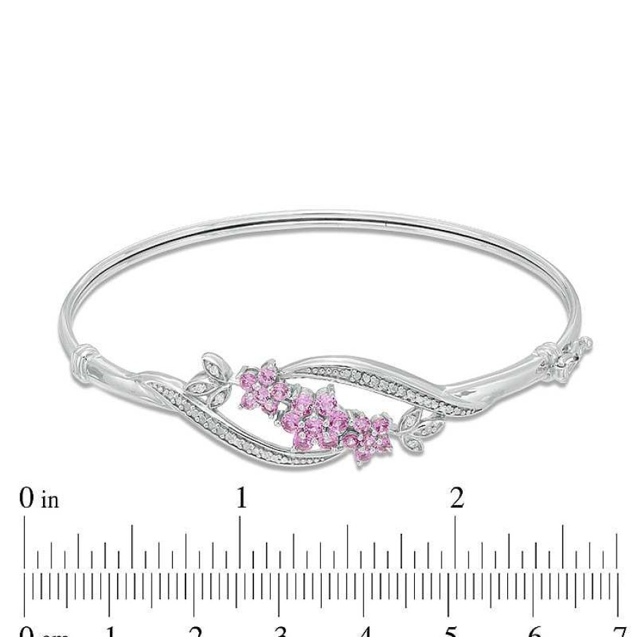 Bracelets Zales | Lab-Created Pink And White Sapphire Flower Cluster Bangle In Sterling Silver