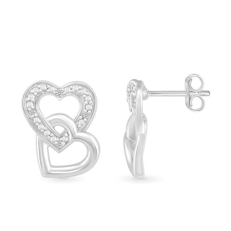 Earrings Zales | Diamond Accent Beaded Interlocking Tilted Heart Stud Earrings In Sterling Silver