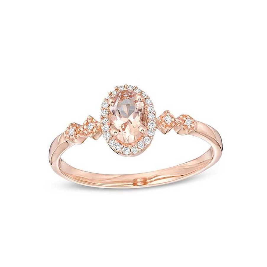 Rings Zales | Oval Morganite And 1/15 Ct. T.W. Diamond Frame Art Deco Ring In 10K Rose Gold