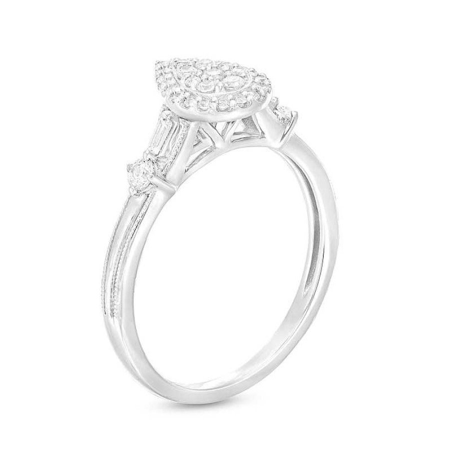 Rings Zales | 1/3 Ct. T.W. Pear-Shaped Multi-Diamond Frame Vintage-Style Engagement Ring In 10K White Gold