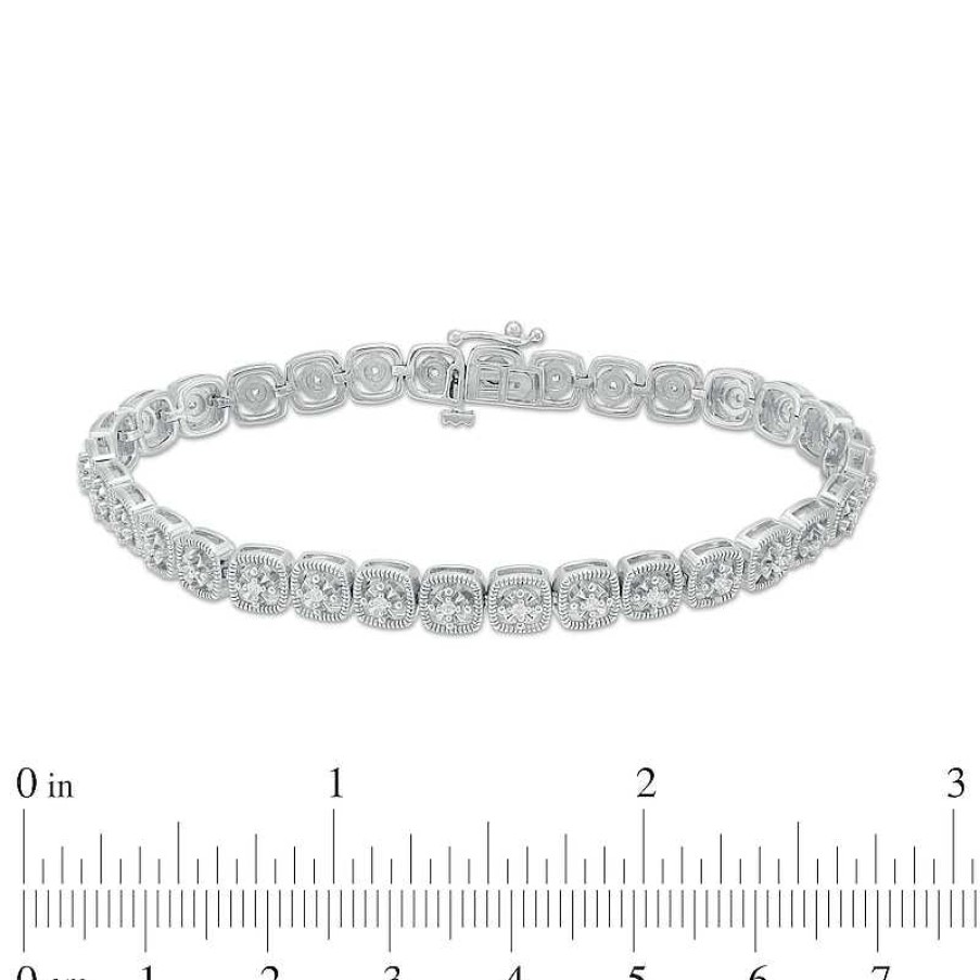 Bracelets Zales | 1/4 Ct. T.W. Diamond Cushion-Shaped Frame Line Bracelet In Sterling Silver – 7.5"