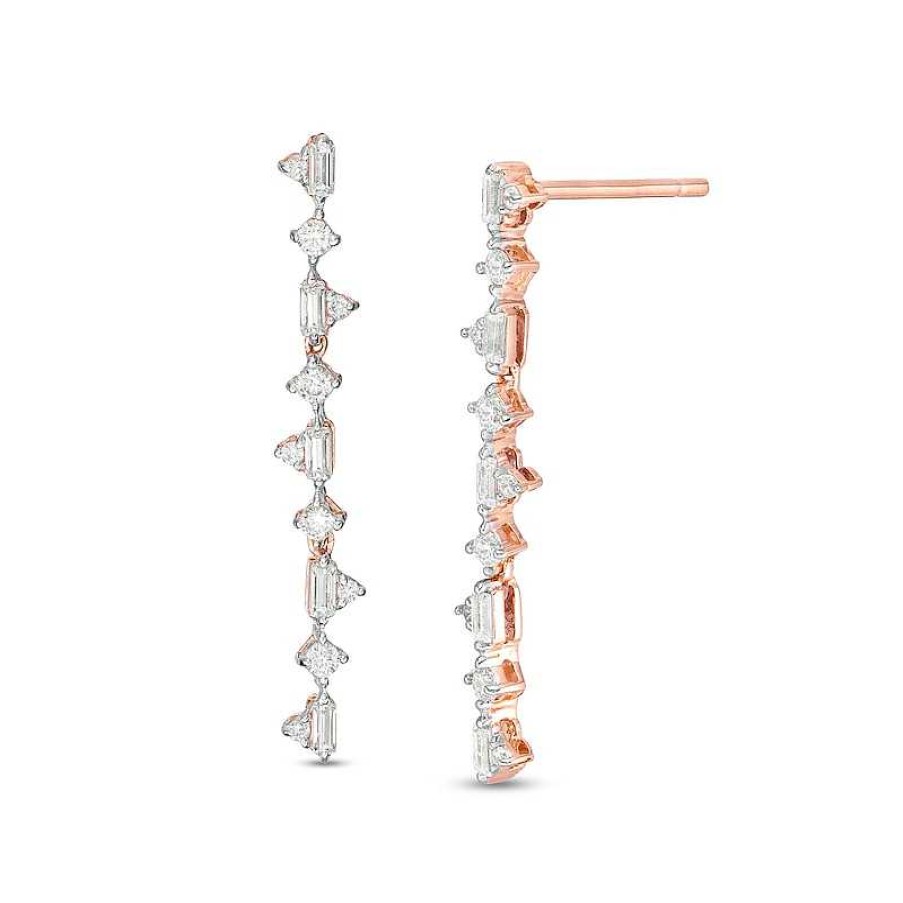 Earrings Zales | 1/4 Ct. T.W. Baguette And Round Diamond Alternating Triangle Drop Earrings In 10K Rose Gold