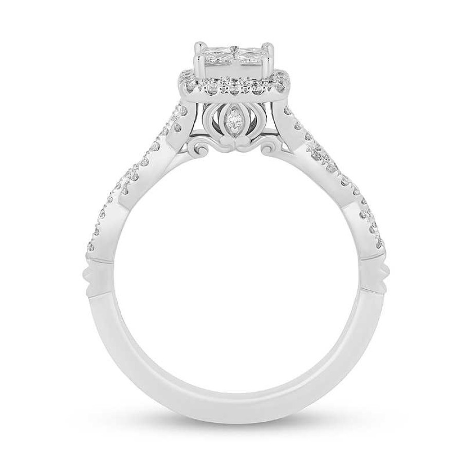 Rings Zales | Enchanted Disney Cinderella 3/4 Ct. T.W. Quad Princess-Cut Diamond Frame Twist Shank Engagement Ring In 14K White Gold