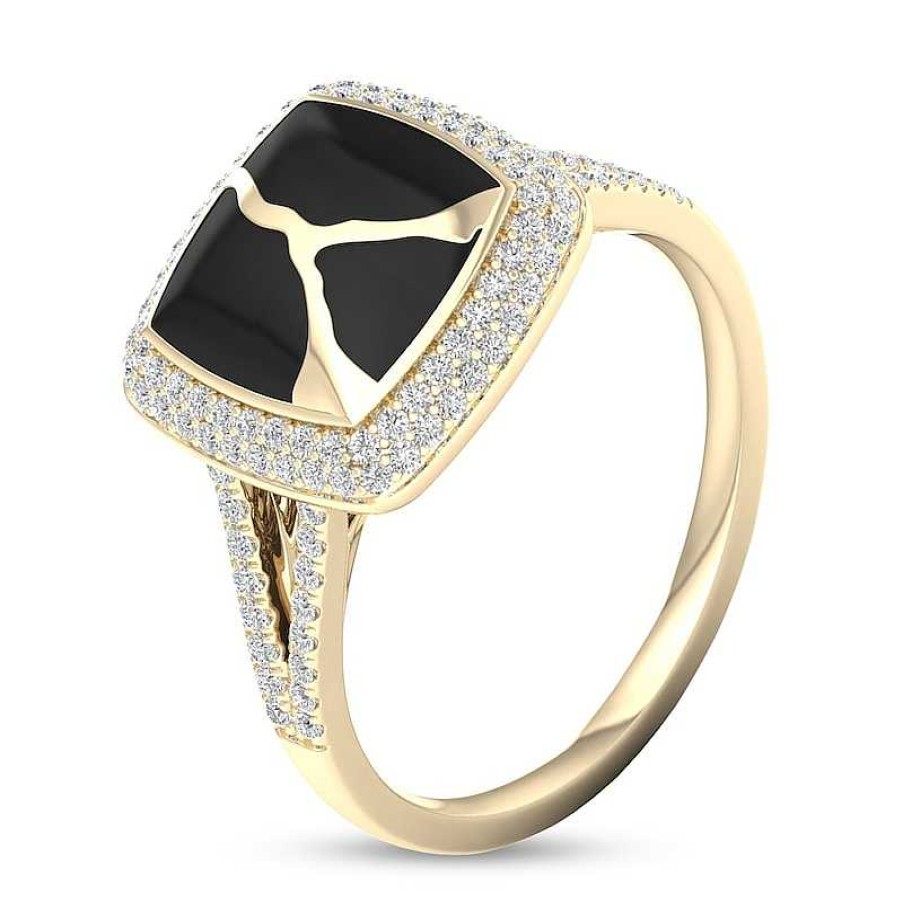 Rings Zales | 1/3 Ct. T.W. Diamond Edge Square Black Kintsugi-Style Ring In 10K Gold With Ceramic