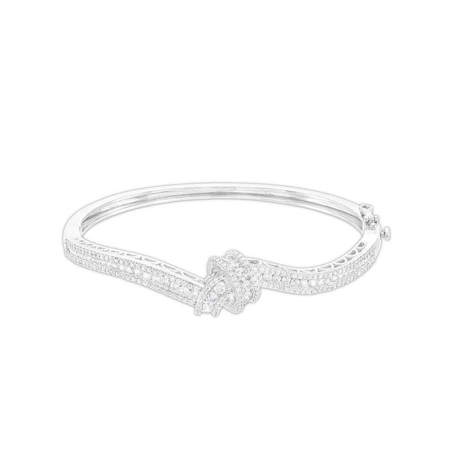 Bracelets Zales | 2-1/2 Ct. T.W. Diamond Curved Triple Row Knot Bangle In 10K White Gold - 7.46"