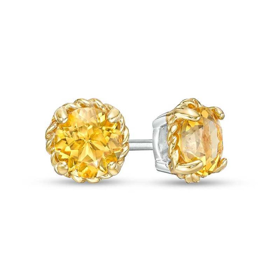 Earrings Zales | 6.0Mm Citrine Solitaire Rope-Textured Frame Stud Earrings In Sterling Silver And 10K Gold