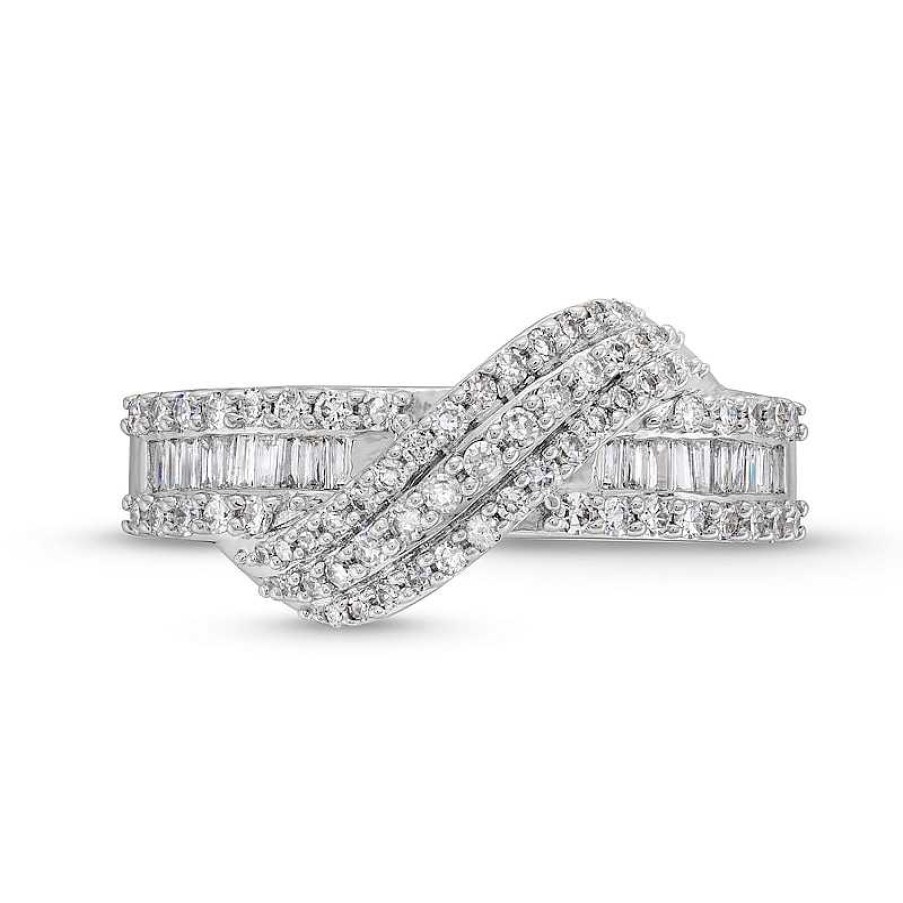 Rings Zales | 1/2 Ct. T.W. Baguette And Round Diamond Edge Bypass Overlay Ring In 10K White Gold