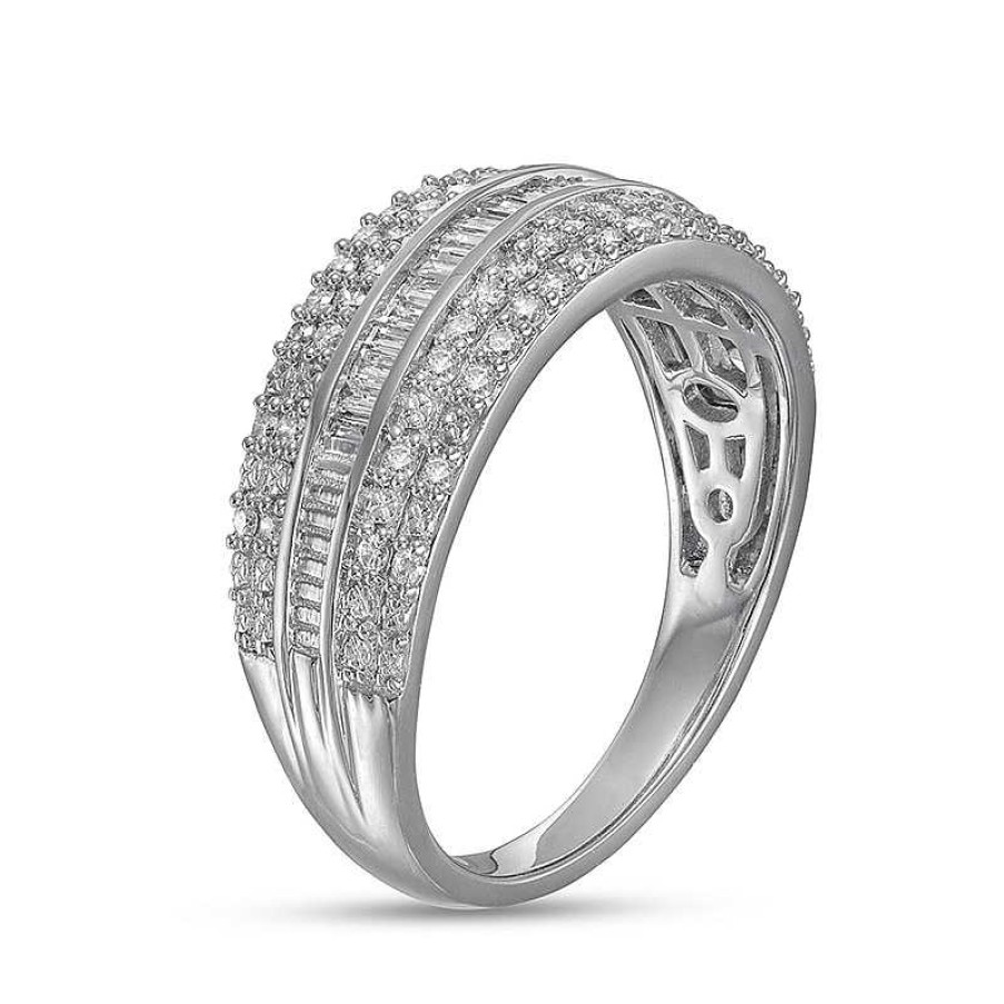 Rings Zales | Previously Owned - 1/2 Ct. T.W. Baguette And Round Diamond Multi-Row Anniversary Band In 10K White Gold