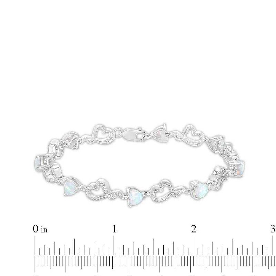 Bracelets Zales | 5.0Mm Heart-Shaped Lab-Created Opal And Diamond Accent Beaded Abstract Ribbon Heart Bracelet In Sterling Silver - 7.25"