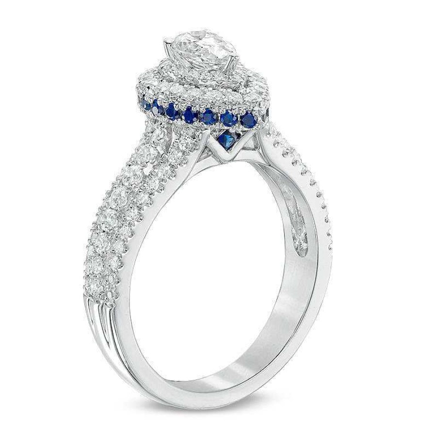 Rings Zales | Vera Wang Love Collection 1 Ct. T.W. Pear-Shaped Diamond And Sapphire Double Frame Engagement Ring In 14K White Gold