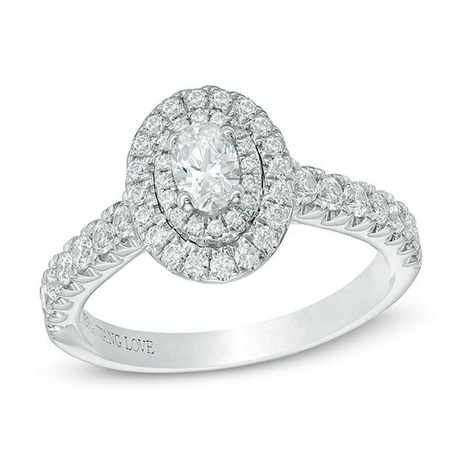 Rings Zales | Vera Wang Love Collection 3/4 Ct. T.W. Oval Diamond Double Frame Engagement Ring In 14K White Gold