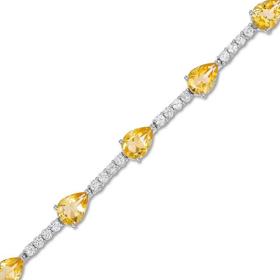 Bracelets Zales | Pear-Shaped Citrine And White Lab-Created Sapphire Station Line Bracelet In Sterling Silver - 7.25"