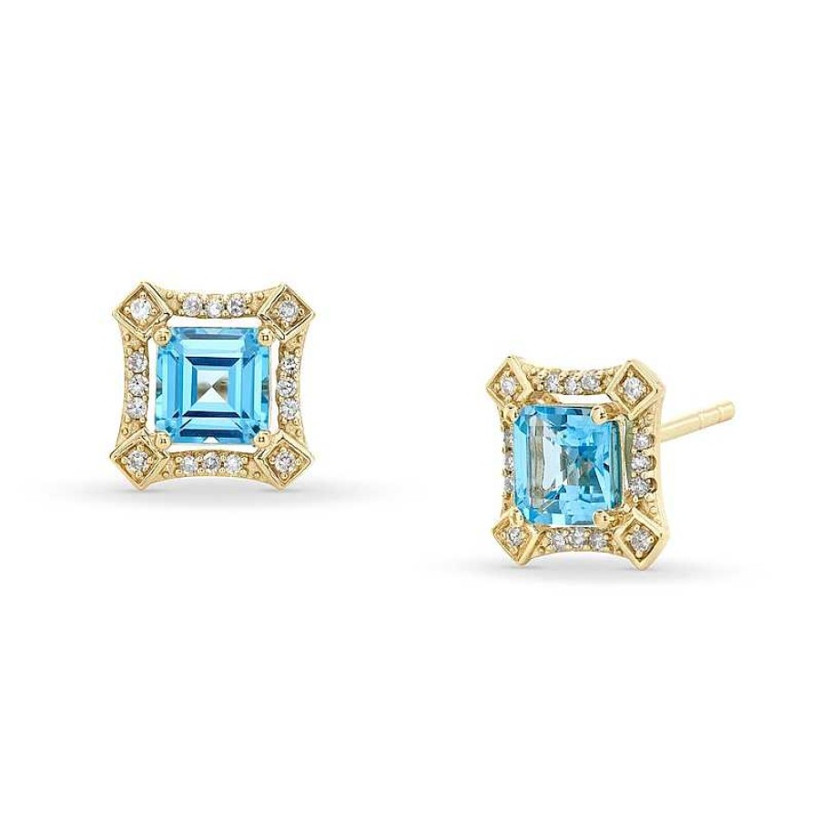 Earrings Zales | Asscher-Cut London Blue Topaz And 1/10 Ct. T.W. Diamond Concave Frame Stud Earrings In 10K Gold