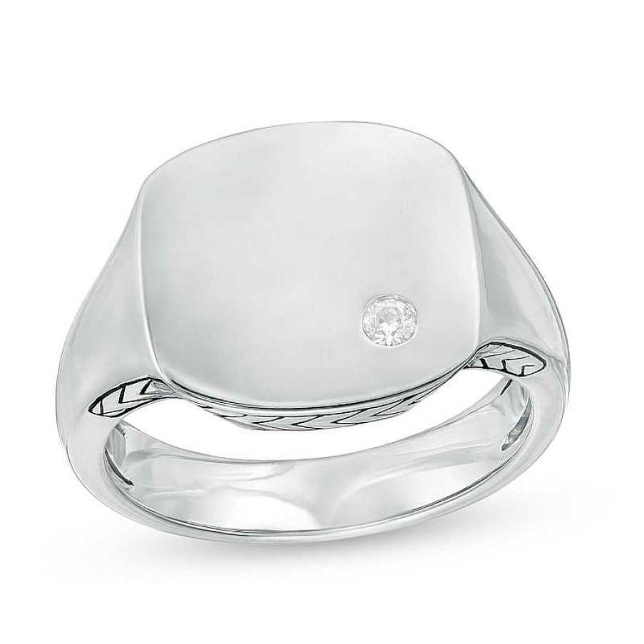 Rings Zales | Vera Wang Men 1/20 Ct. T.W. Diamond Etched Chevron Signet Ring In Sterling Silver