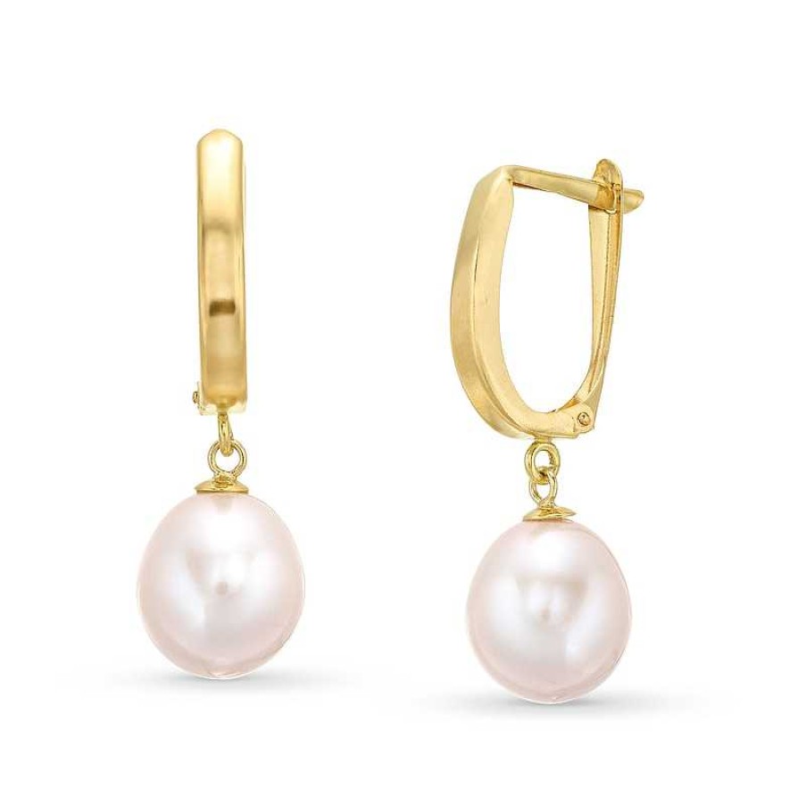 Earrings Zales | 9.0 - 10.0Mm Oval Cultured Freshwater Pearl Drop Earrings In 14K Gold