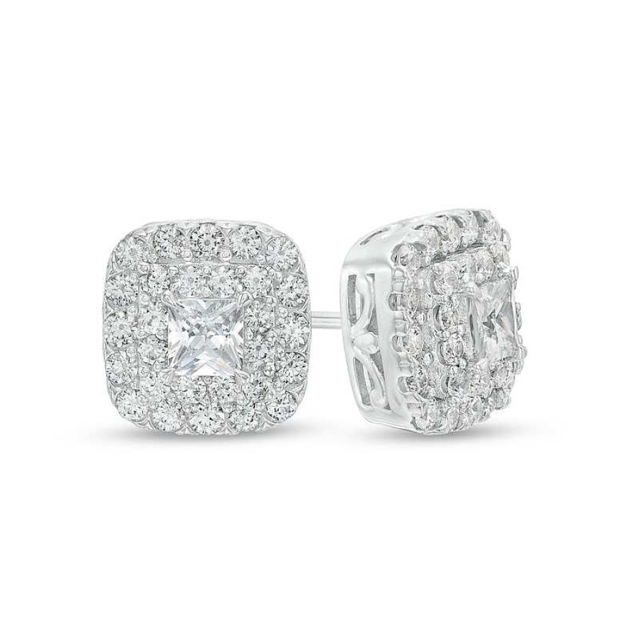 Earrings Zales | 1-1/2 Ct. T.W. Certified Princess-Cut Lab-Created Diamond Double Frame Stud Earrings In 14K White Gold (F/Si2)