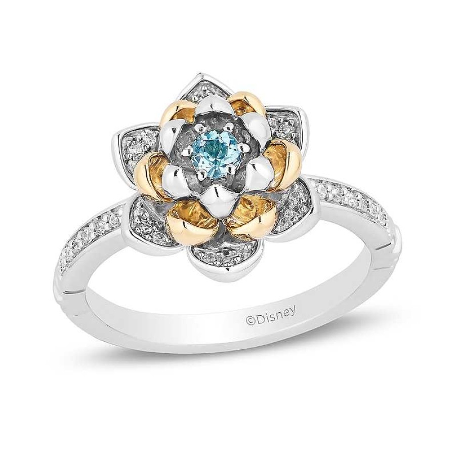 Rings Zales | Enchanted Disney Jasmine 3.0Mm Swiss Blue Topaz And 1/6 Ct. T.W. Diamond Flower Ring In Sterling Silver And 10K Gold