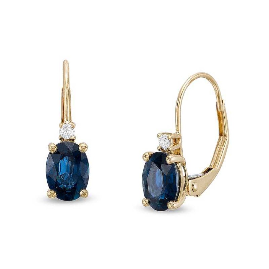 Earrings Zales | Oval Blue Sapphire And 1/20 Ct. T.W. Diamond Drop Earrings In 10K Gold