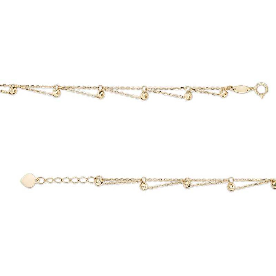 Bracelets Zales | Diamond-Cut Brilliance Bead Accent Scallop Dangle Anklet In 10K Gold - 10"